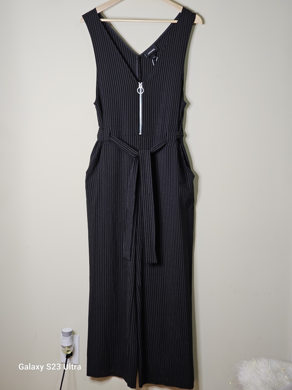 Monki Black Pinstripe Sleeveless Jumpsuit with Front Zip